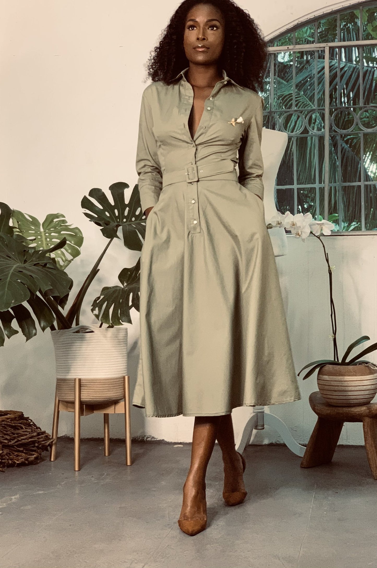 Button Up Twirl Dress Olive
