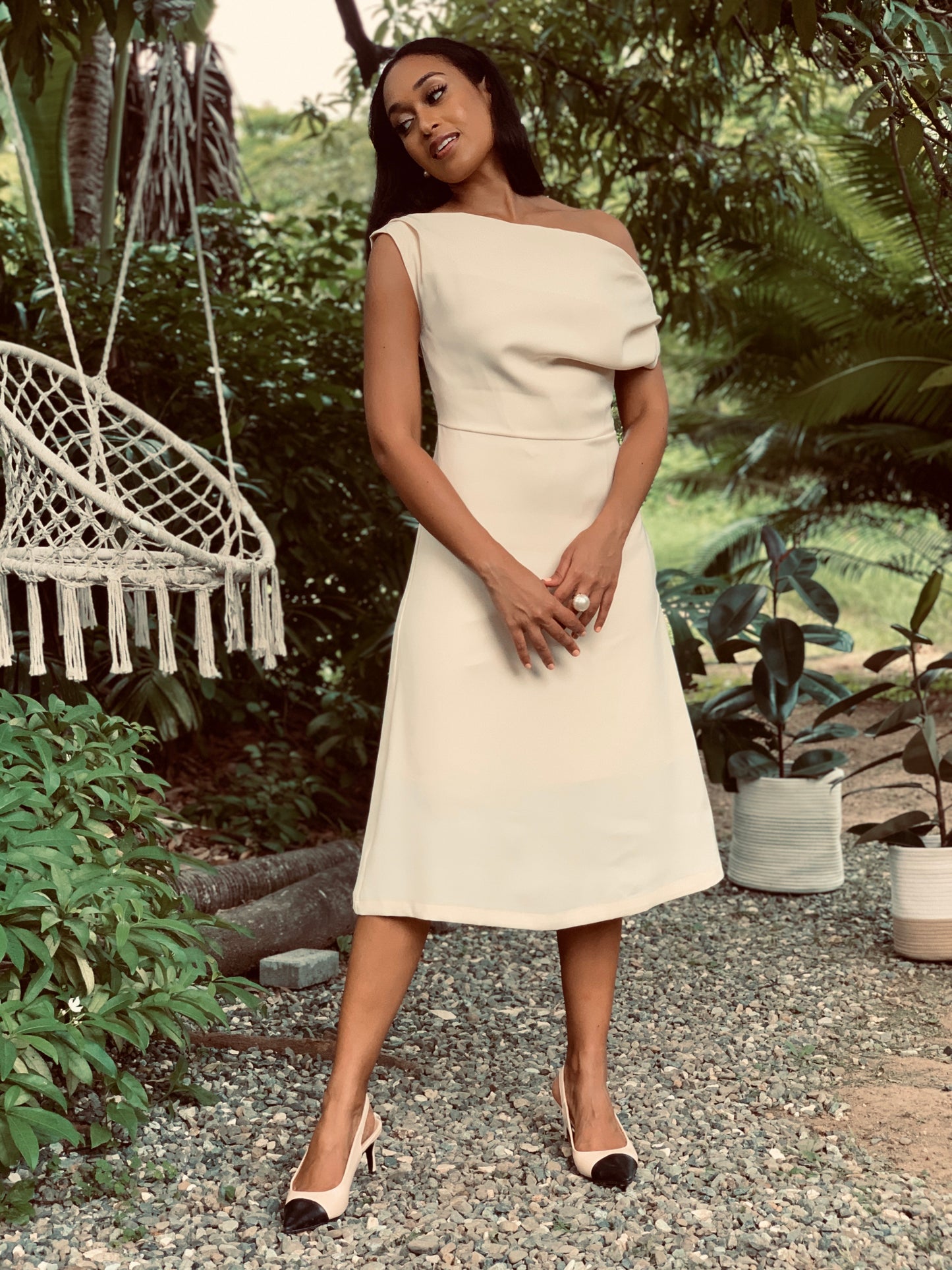 Off My Shoulder Beige Dress