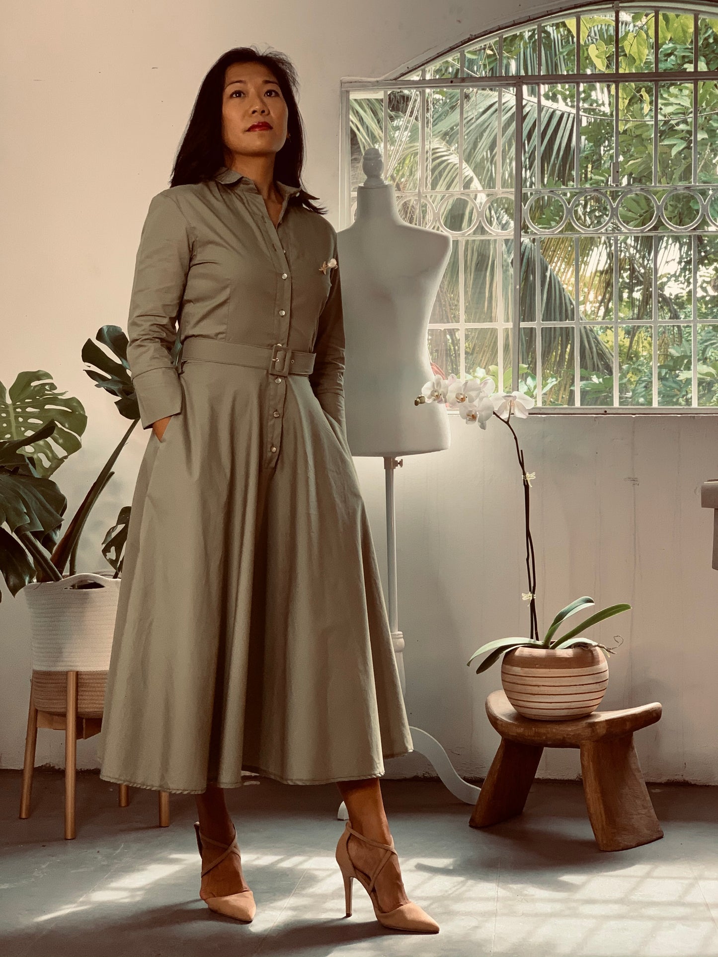 Button Up Twirl Dress Olive