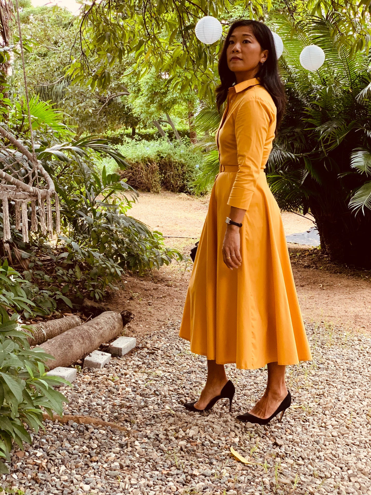 Button Up Twirl Dress Mustard