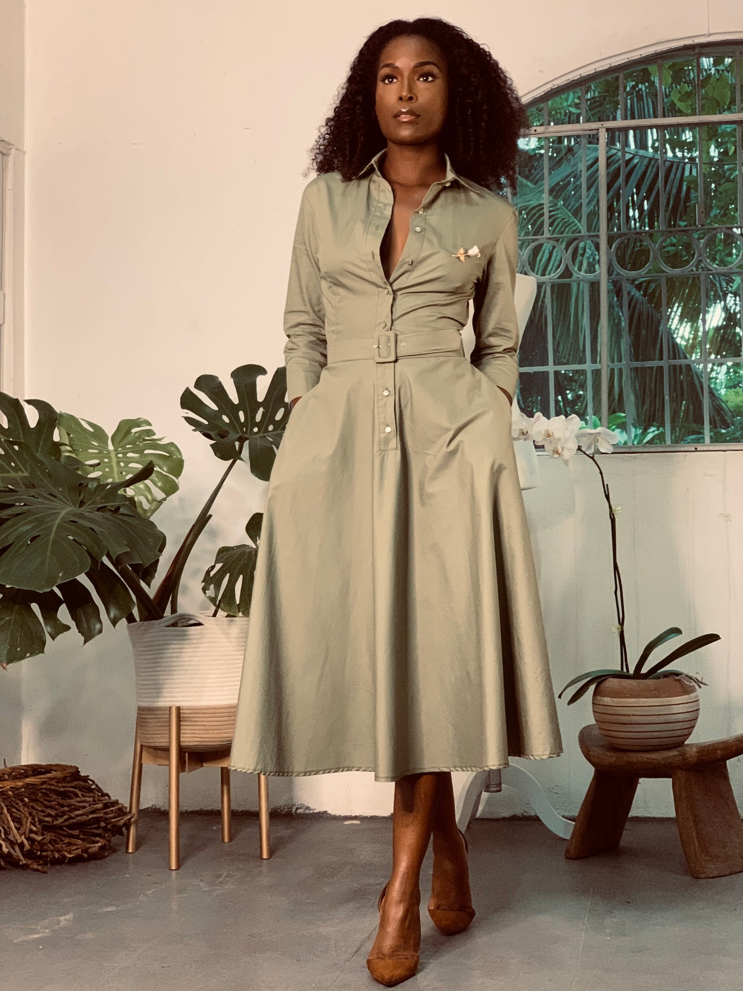 Button Up Twirl Dress Olive
