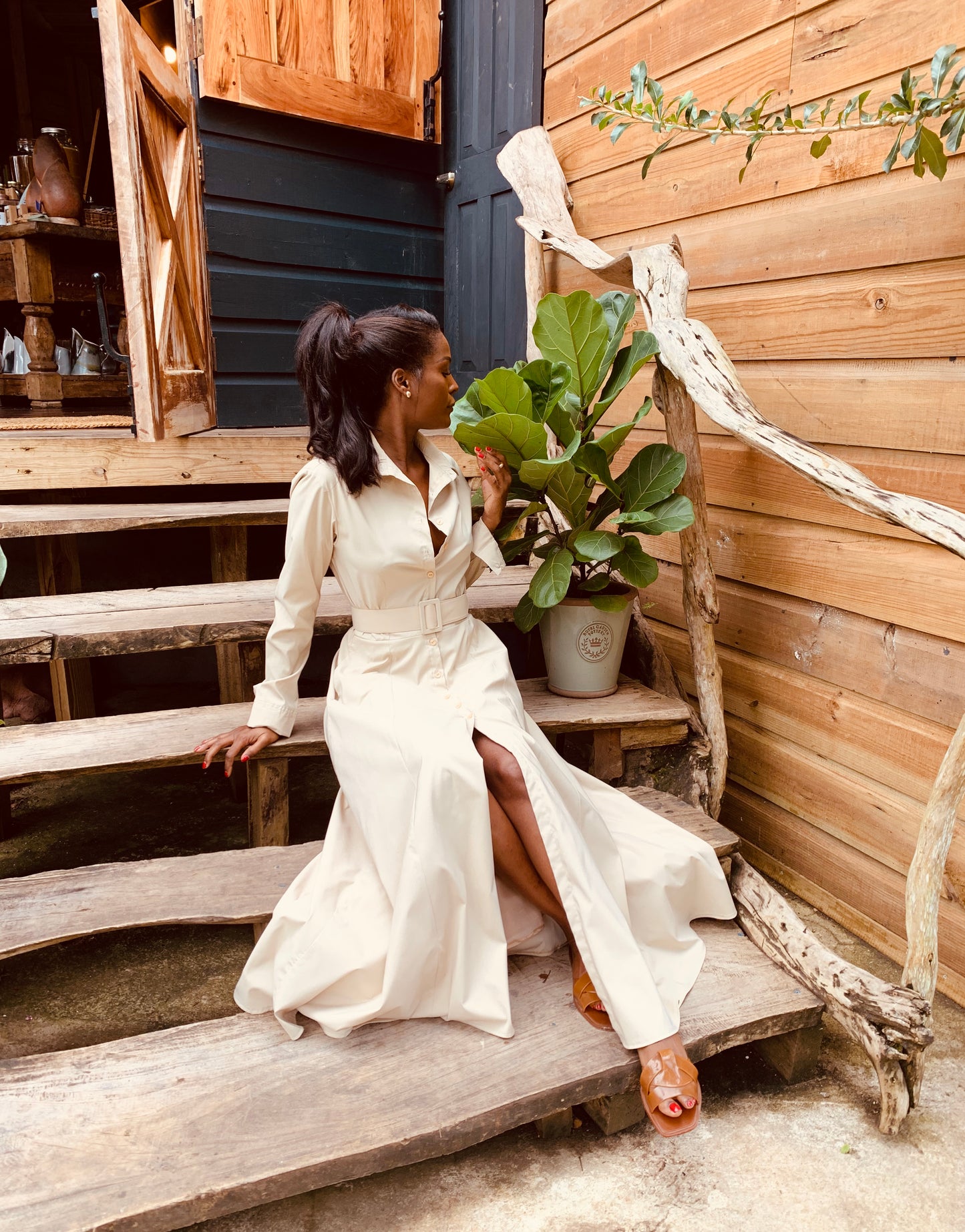 Beige Floor Length Shirtdress