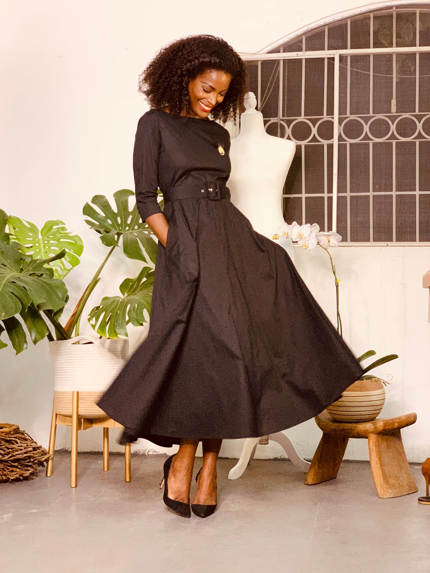Boat Neck Swing Dress Black