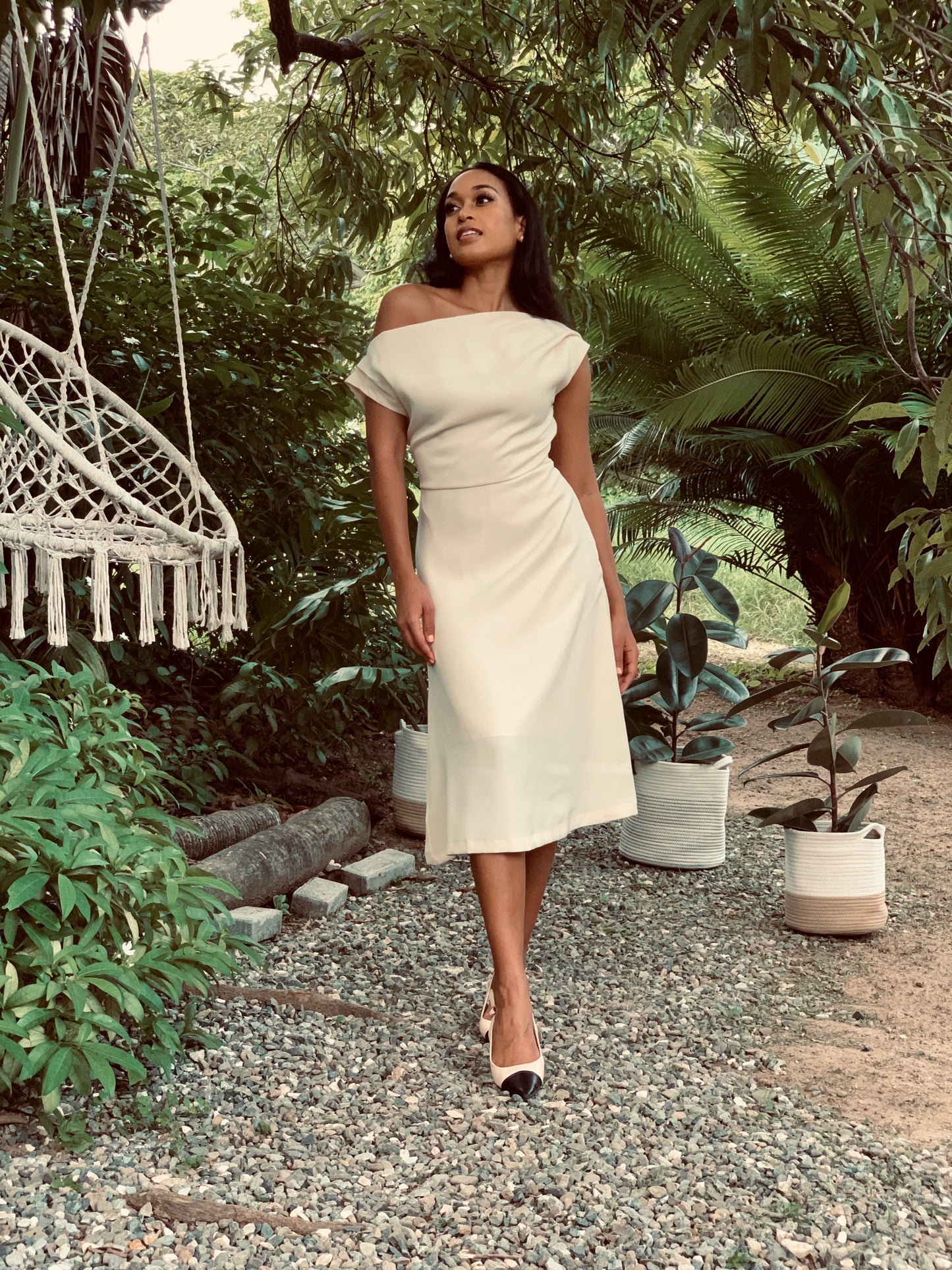 Off My Shoulder Beige Dress