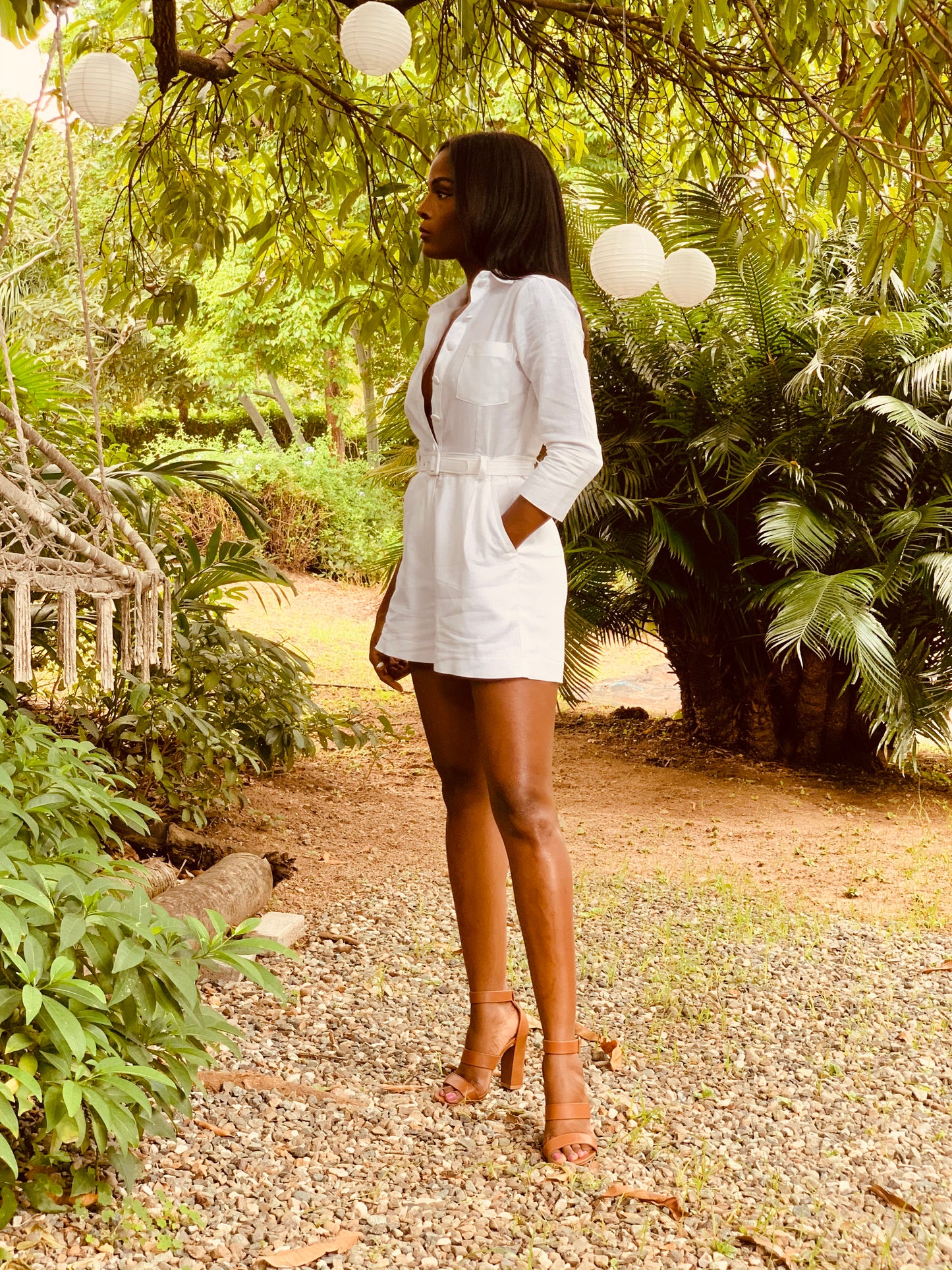 Tailored Linen Playsuit/Jumpsuit 3/4 Sleeves White