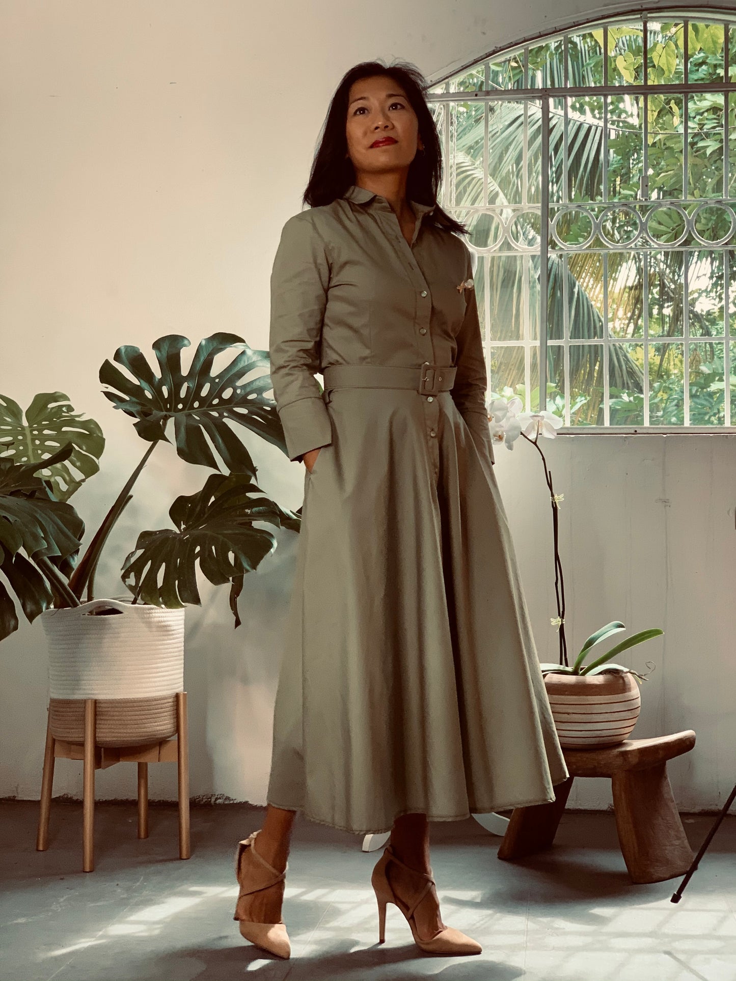 Button Up Twirl Dress Olive