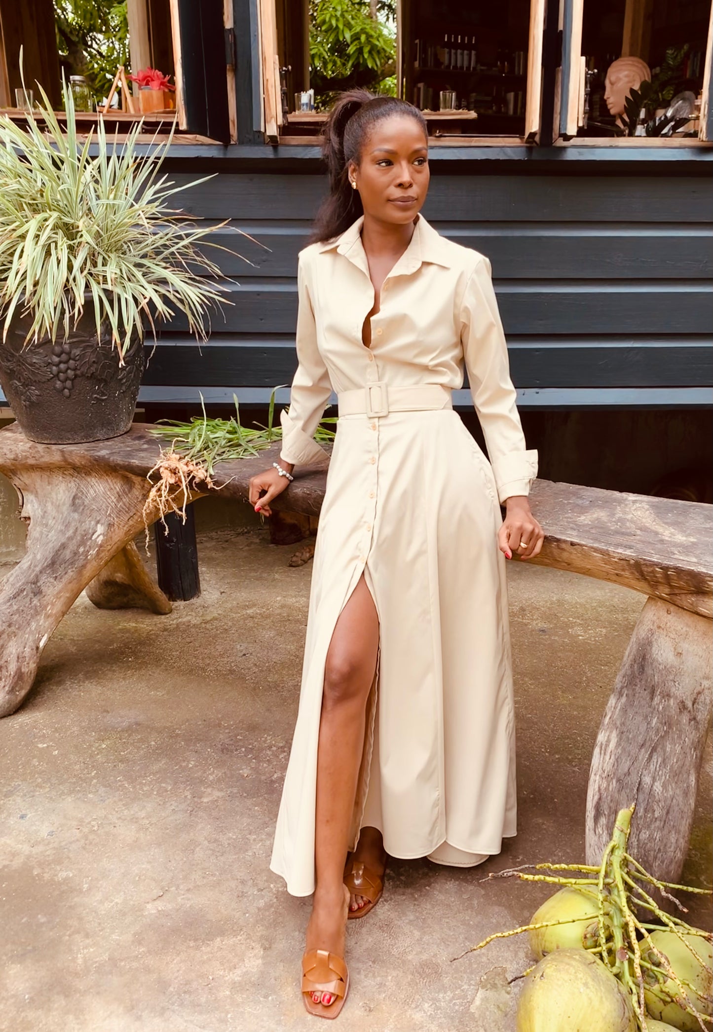 Beige Floor Length Shirtdress
