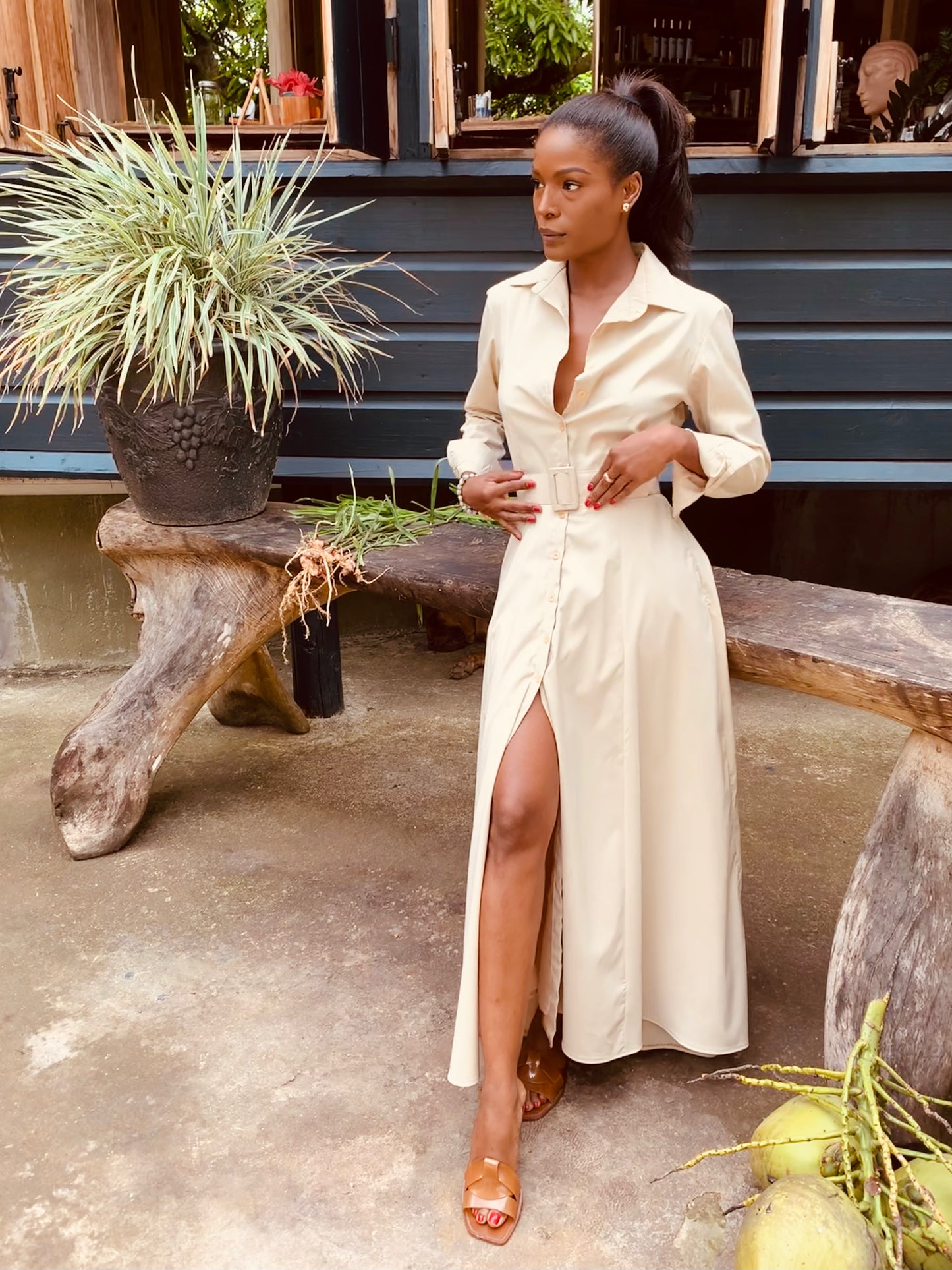 Beige Floor Length Shirtdress