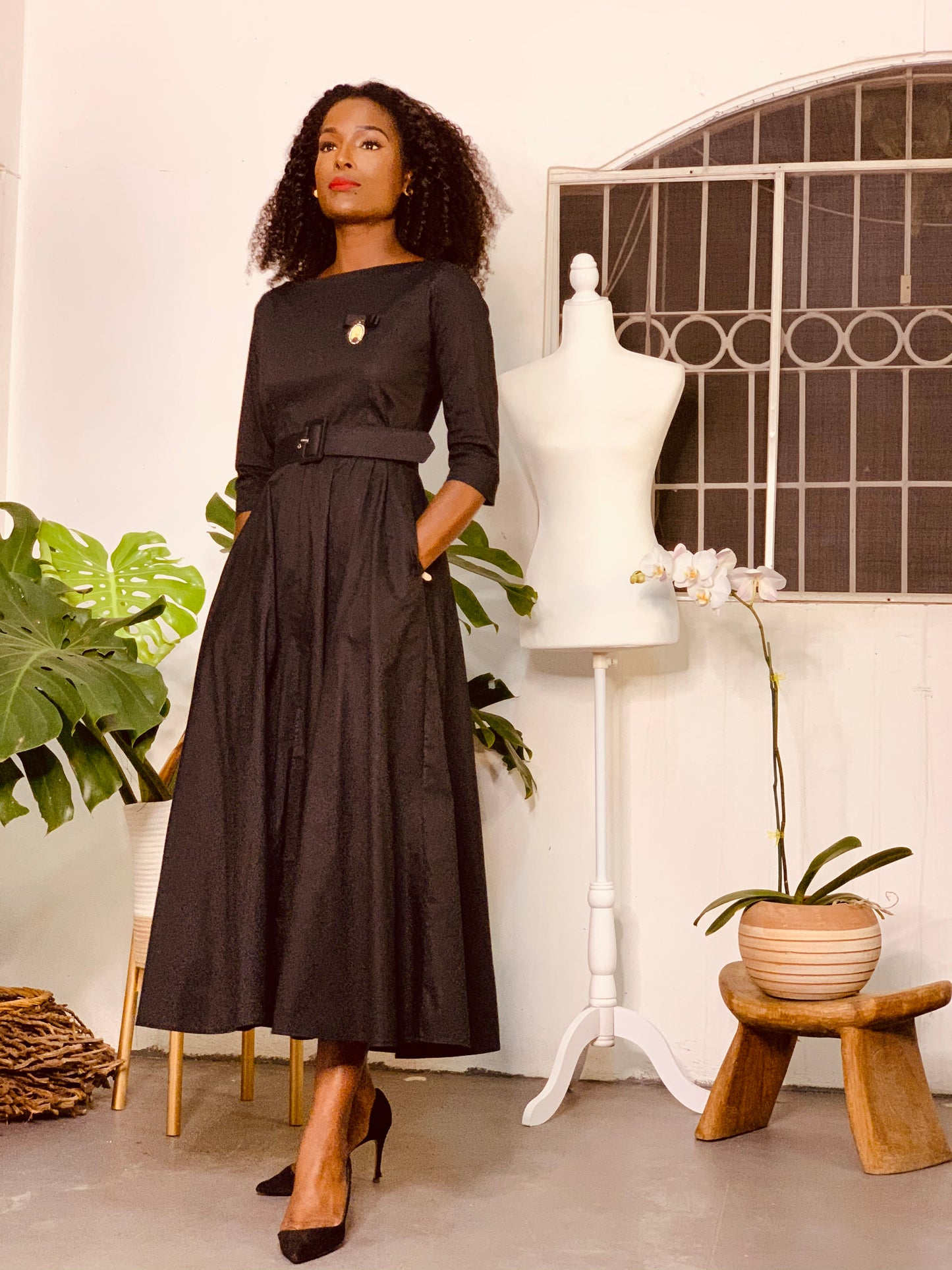 Boat Neck Swing Dress Black