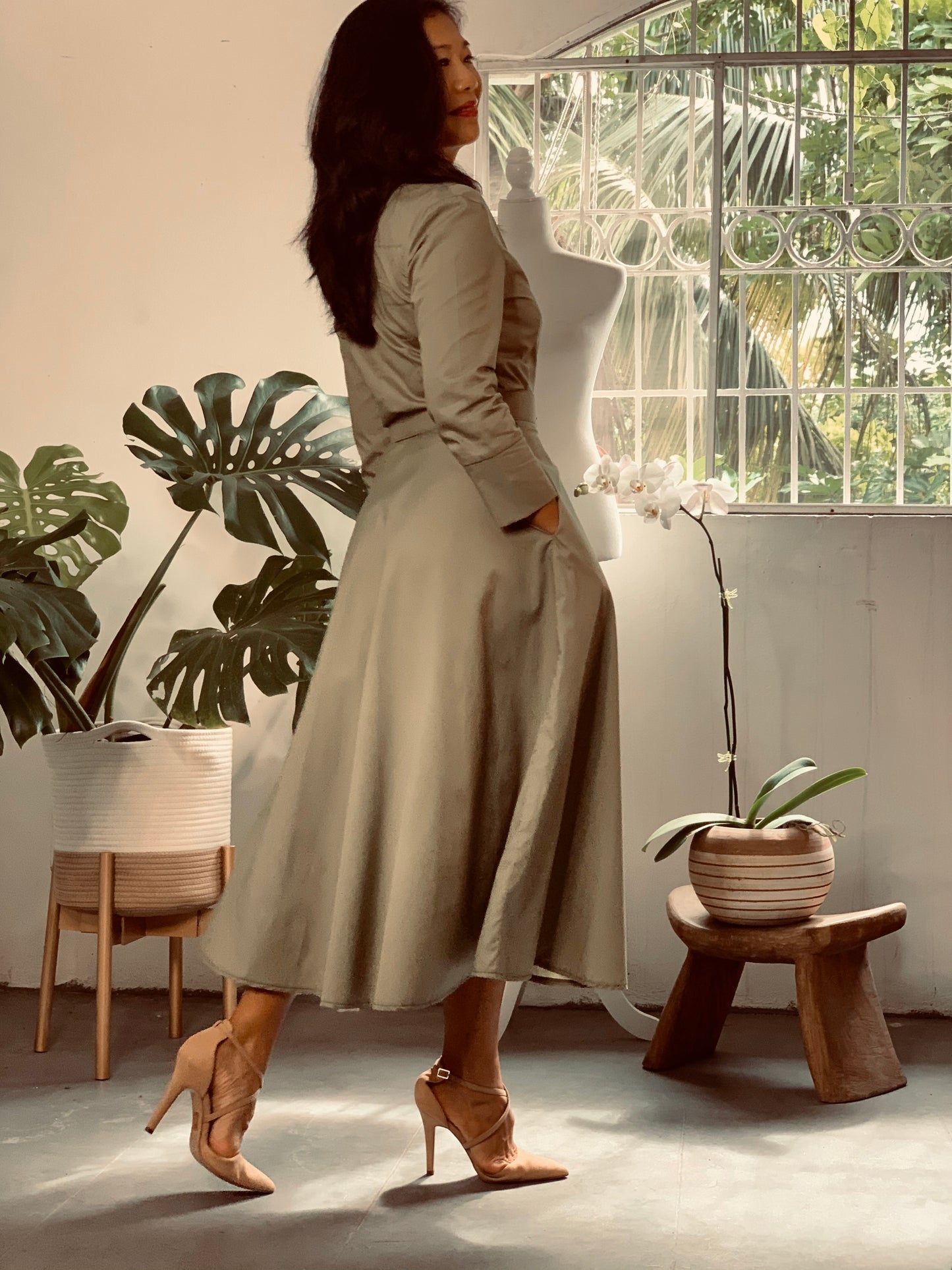 Button Up Twirl Dress Olive