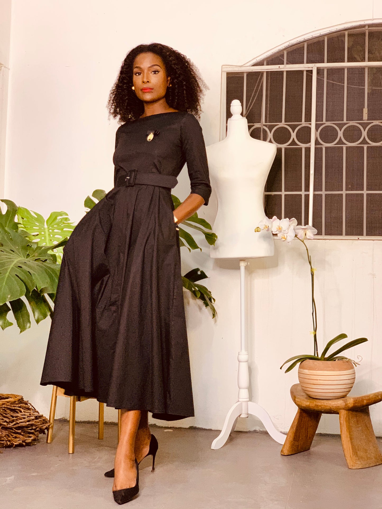 Boat Neck Swing Dress Black