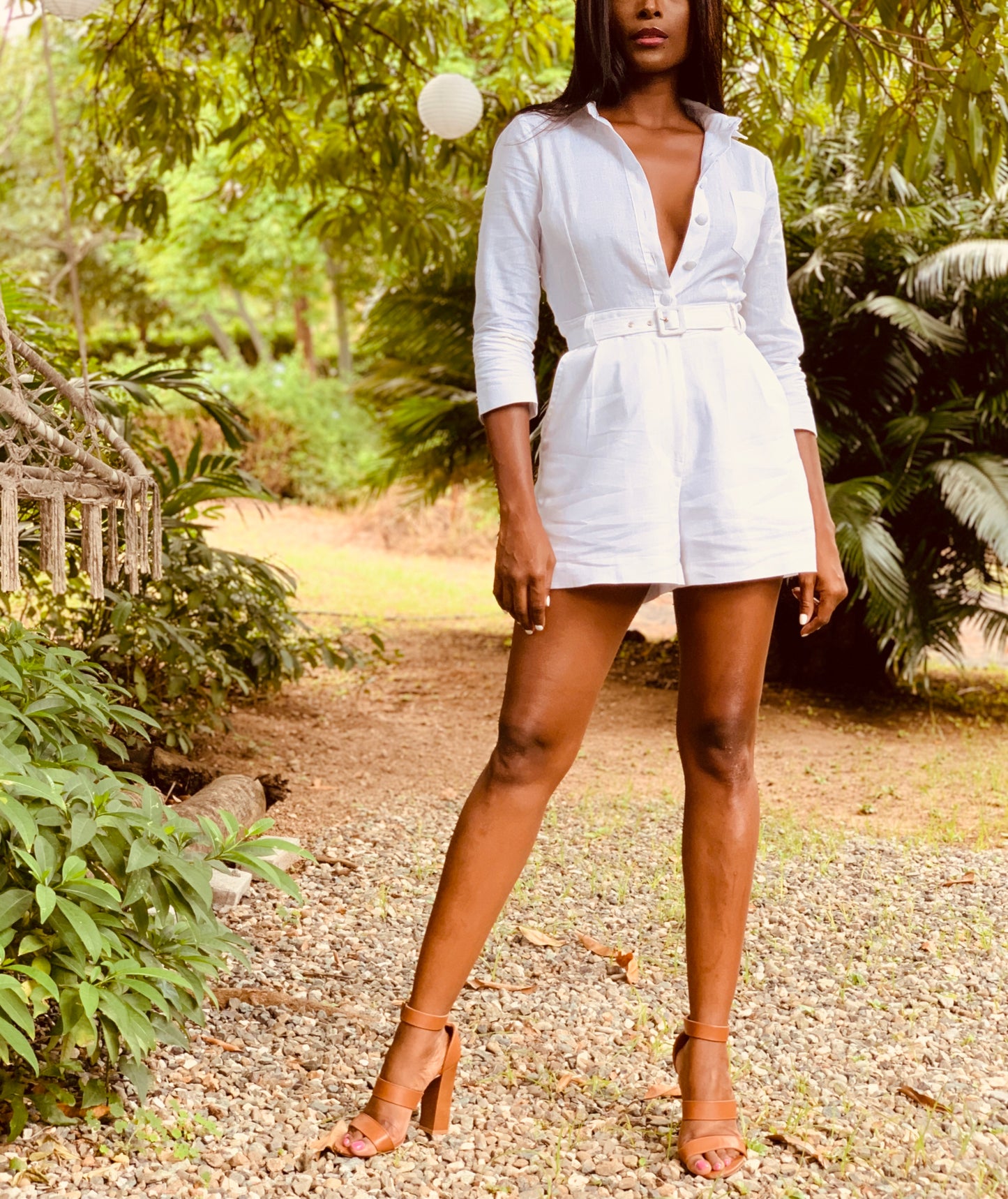 Tailored Linen Playsuit/Jumpsuit 3/4 Sleeves White