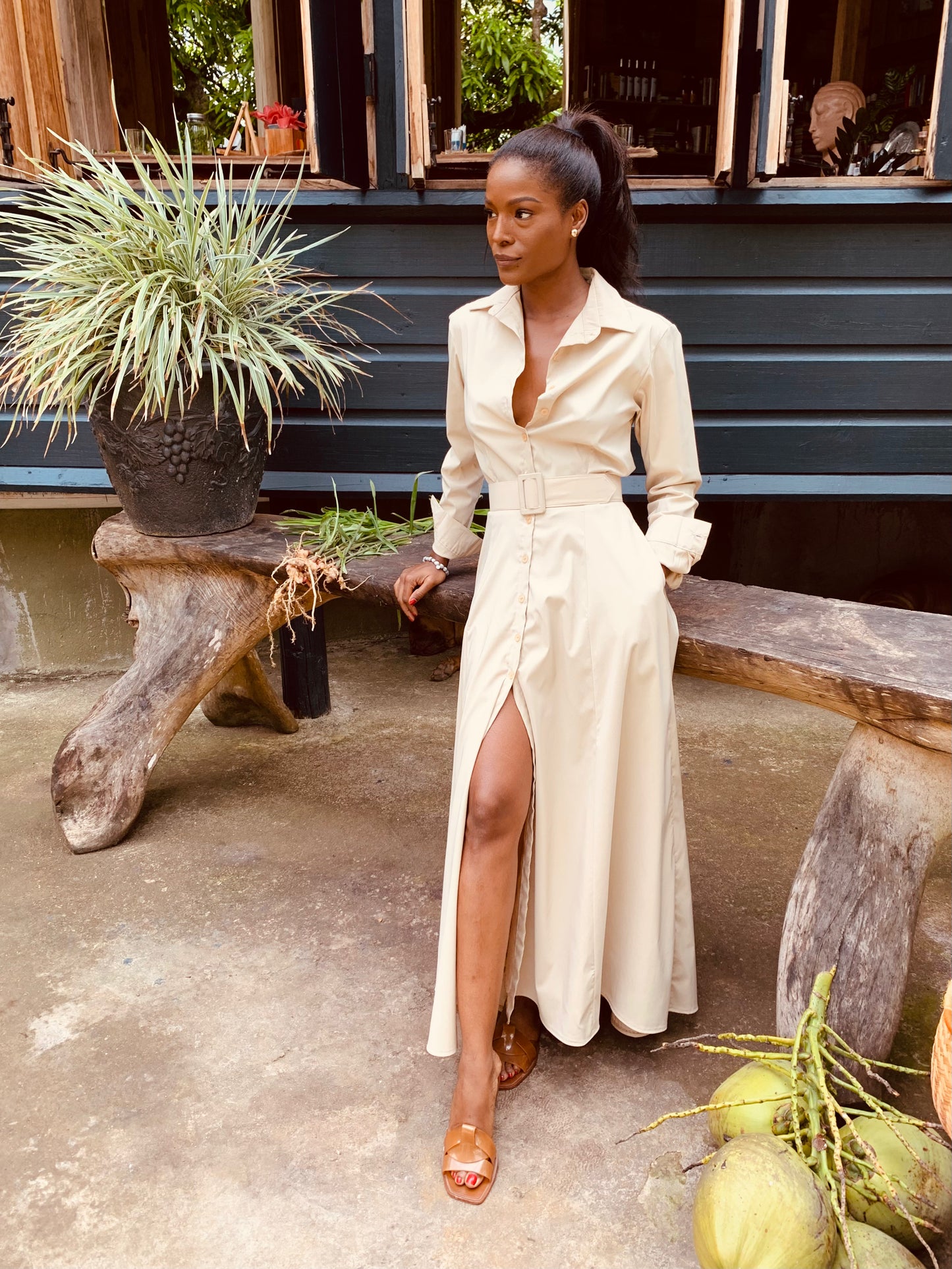 Beige Floor Length Shirtdress