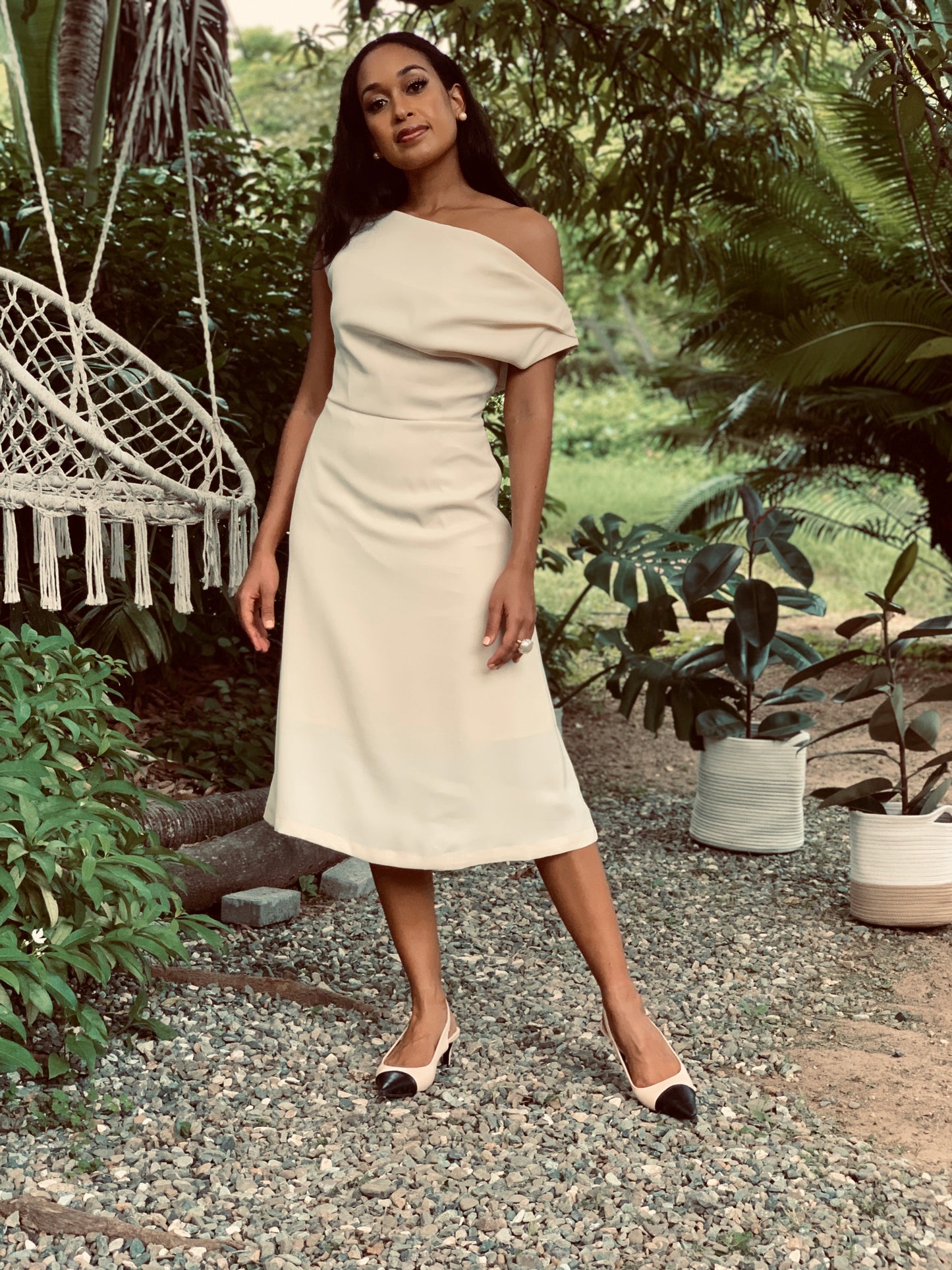 Off My Shoulder Beige Dress