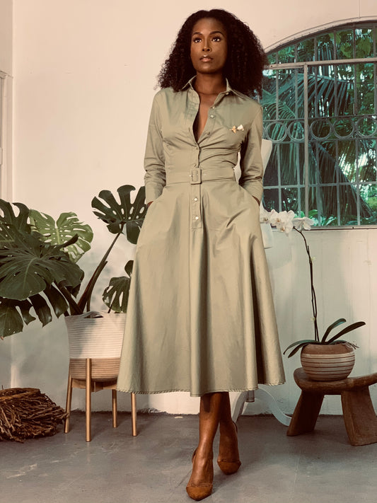 Button Up Twirl Dress Olive