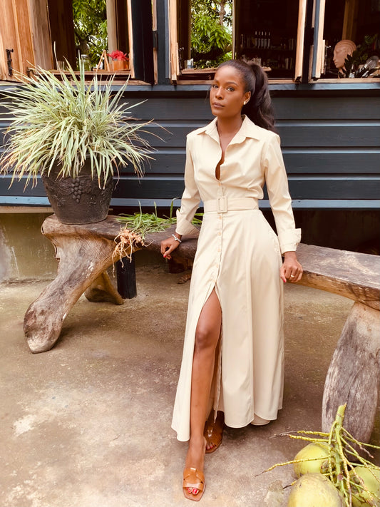 Beige Floor Length Shirtdress